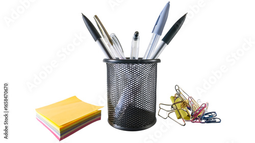 Pens clips and sticky notes on transparent background