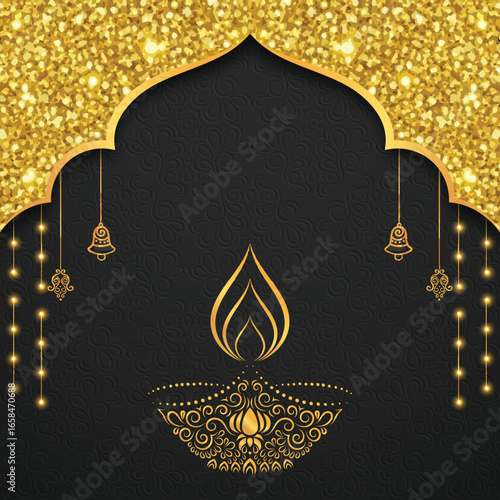 Elegant template for the Indian festival of lights. A sparkling gold arch frames an intricate diya on a black textured background. Perfect for cards and banners.
