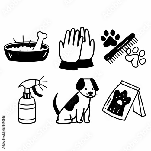 Pet care items set, including food bowl, gloves, paw prints, brush, spray bottle, dog, and manual isolated on white background