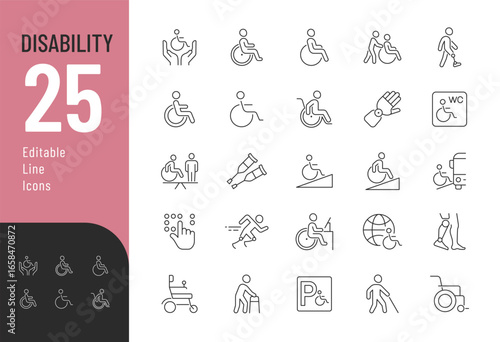Disability Editable Icons set. Vector illustration in modern thin line style of International symbol of access, disabled human in a wheelchair, and more. Isolated on white background.
