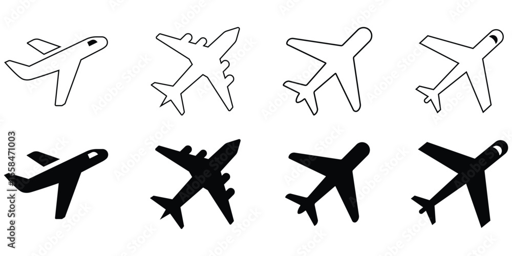 Fototapeta premium Set of black plane silhouette and line icon. Flight transport symbol. Simple airplane icon black and white. Collection of various airplane icons. Aviation industry, transportation, travel and tourism.