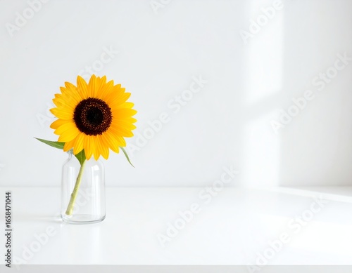 A bright sunflower in a clear vase.