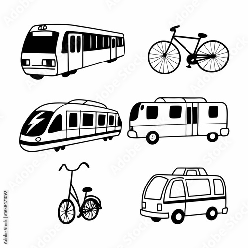 Illustration of various modes of transportation, including trains and bicycles isolated on white background