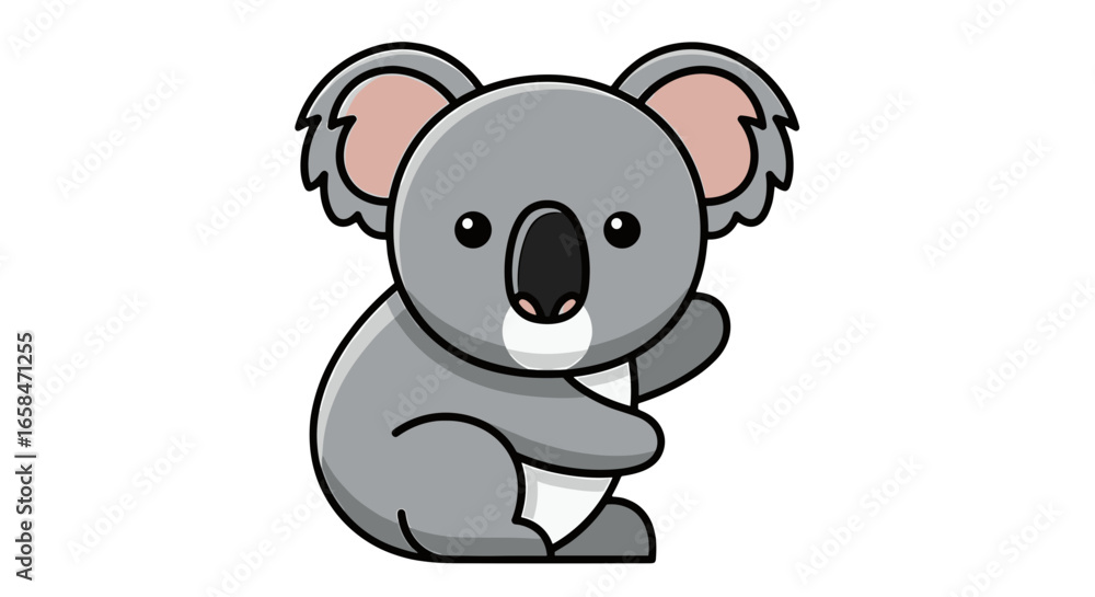 Naklejka premium Illustration of a cute cartoon koala with gray fur and pink ears waving its paw on a white background on transparent background