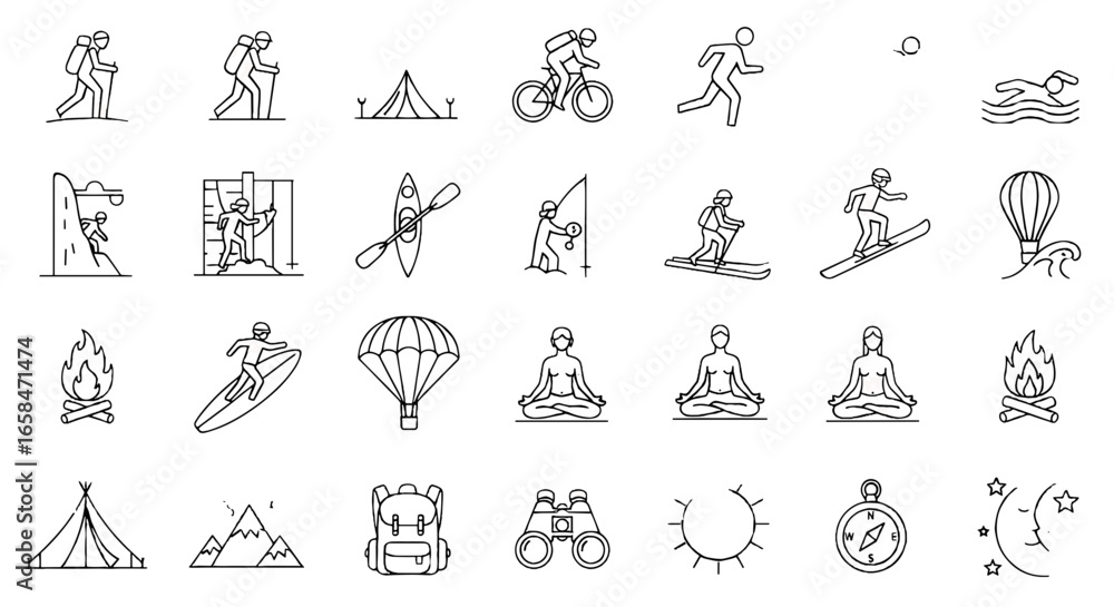 Obraz premium Line art illustration showcasing various outdoor activities including hiking camping and water sports and relaxation on transparent background