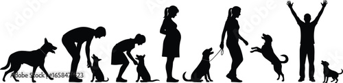 PrintSilhouette illustration showing evolution of human life stages with dog companionship, family bond, friendship, loyalty, growth, and unconditional love