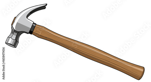 Illustration of a claw hammer with a silver head and a wooden handle lying diagonally on white background on transparent background