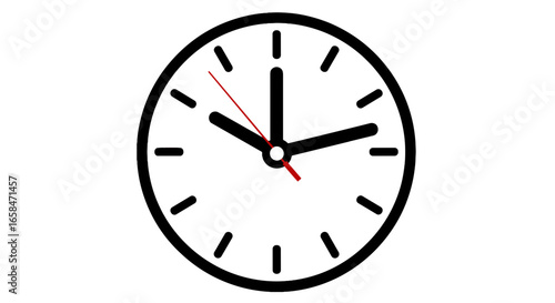 Illustration of a clock face with black hands and a red second hand indicating a specific time of day on transparent background