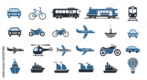 Illustration displaying various modes of transportation including cars, bikes, planes, and boats design 100 on transparent background