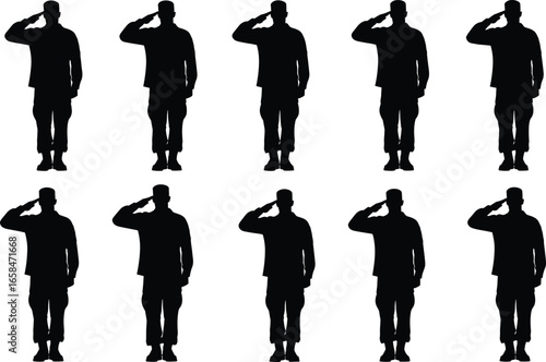 PrintSilhouette vector illustration of multiple soldiers standing in formal salute position symbolizing military respect, discipline, honor, patriotism, unity, courage, and service