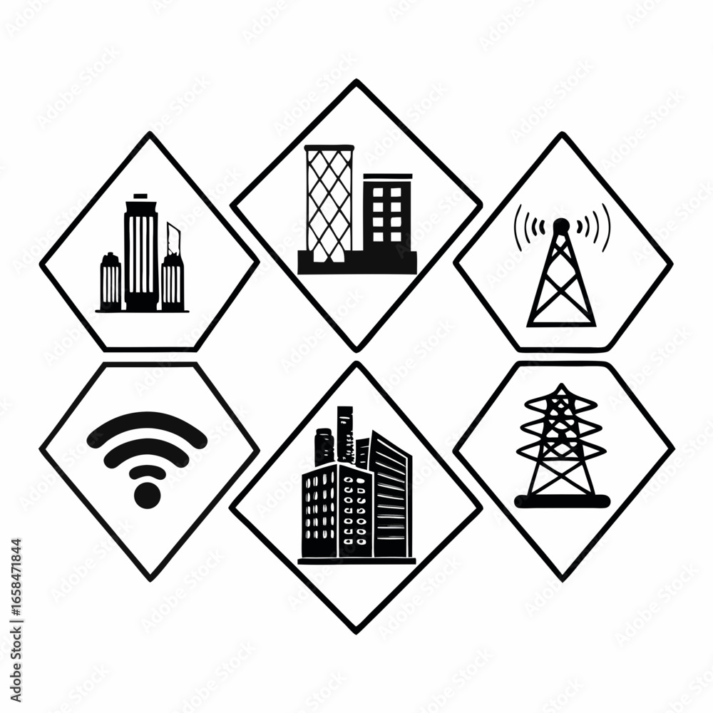 Fototapeta premium Smart city infrastructure icons in geometric shapes, showcasing technology and urban development isolated on white background