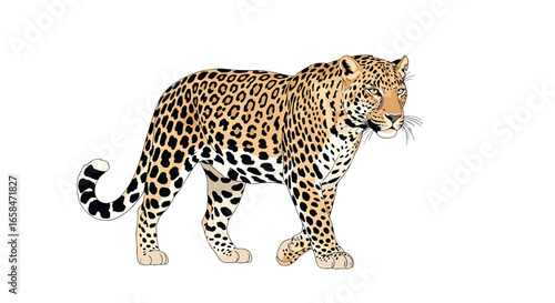 Illustration of a leopard standing with its body facing left and spots all over its body on white background on transparent background