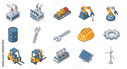 Illustration of factories, oil, wrenches, helmet, gear, forklifts, solar panel, and wind turbine icons on transparent background