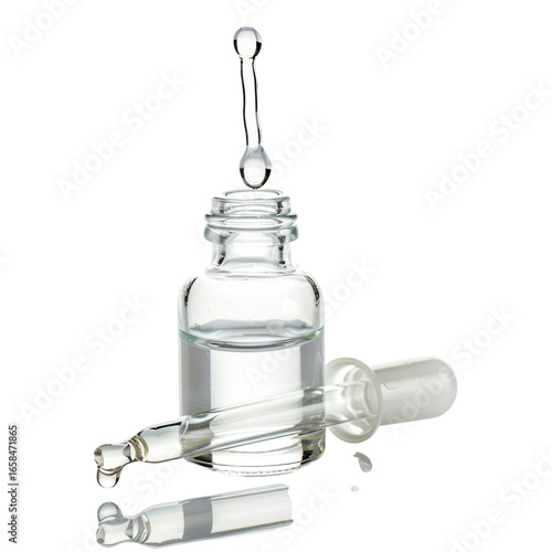 Clear dropper bottle with liquid, cosmetic serum, and pipette