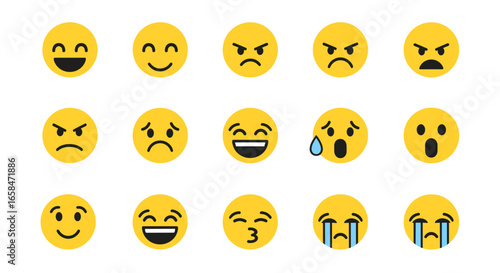 Collection of fifteen yellow circular emojis displaying various expressions and emotions in a flat style on transparent background