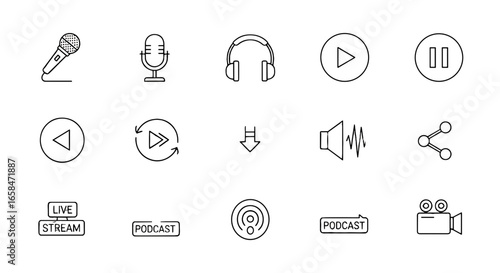 Illustration of audio and video icons including microphone, headphones, play, pause, stream and podcast icons on transparent background