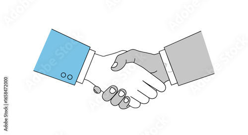 Illustration of two hands shaking, one in a blue suit and the other in a gray suit, on a white background on transparent background