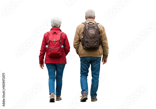 Two hikers with backpacks walking away isolated on transparent background