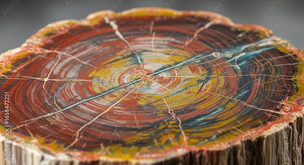 Obraz premium Striking petrified wood slice with vibrant colors and unique patterns for geology enthusiasts