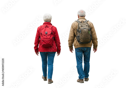 Two hikers with backpacks walking away isolated on transparent background