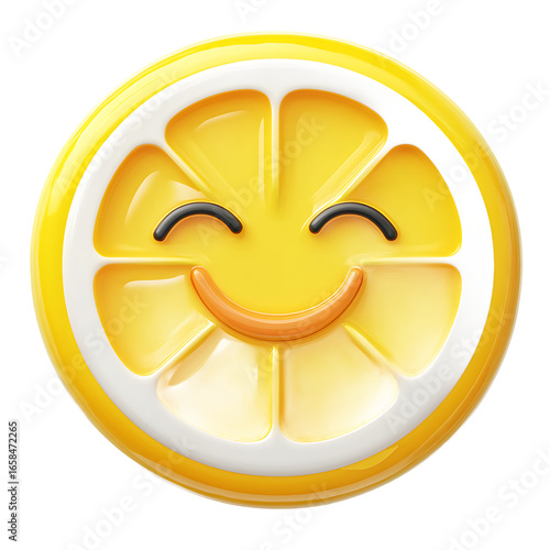 Cheerful lemon slice emoji with a smiling face, vibrant colors, suitable for digital communication