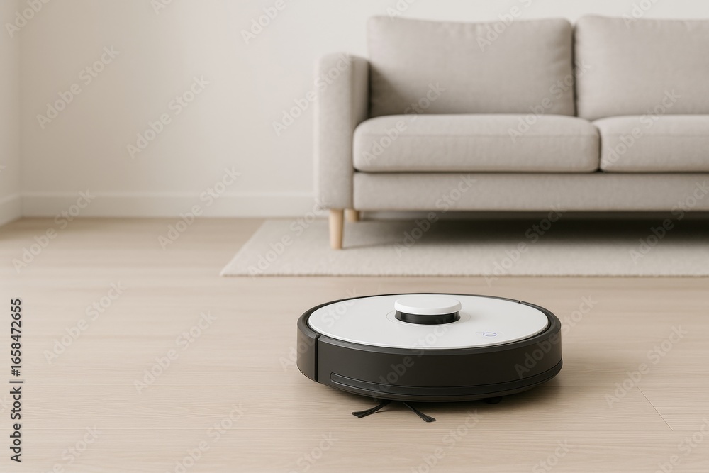 Obraz premium Robotic vacuum autonomously cleaning hardwood floor near sofa, symbolizing advanced home technology for effortless floor maintenance in contemporary living space