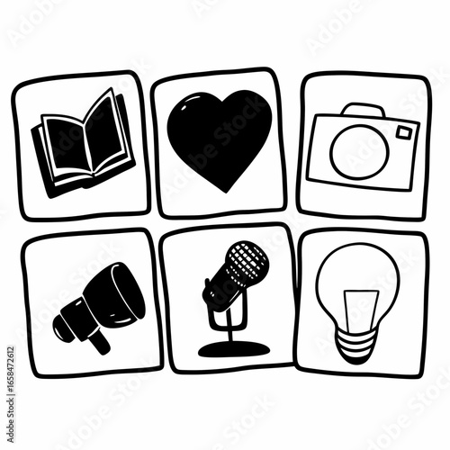 Illustration of book, heart, camera, megaphone, microphone, and lightbulb icons isolated on white background