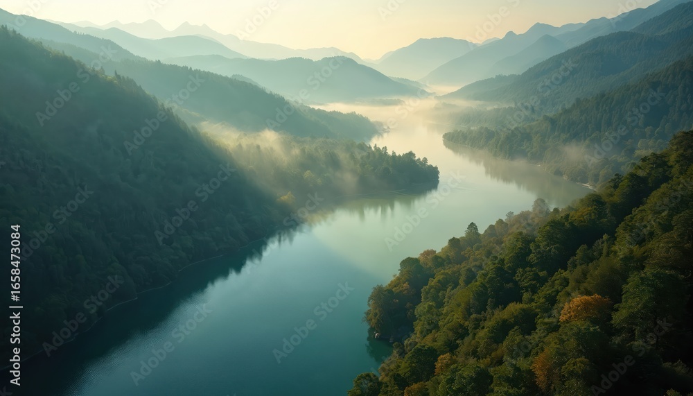 Obraz premium Misty morning over winding river valley with rich green forested mountains. Sunbeams break through fog illuminating calm water, trees. Serene landscape offers peace, natural beauty, perfect for