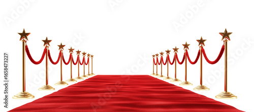 Red carpet and golden stars arranged on a white background, with a red rope featuring gold emblems on each side. The ropes should be in front of the viewer, without any people or other objects.