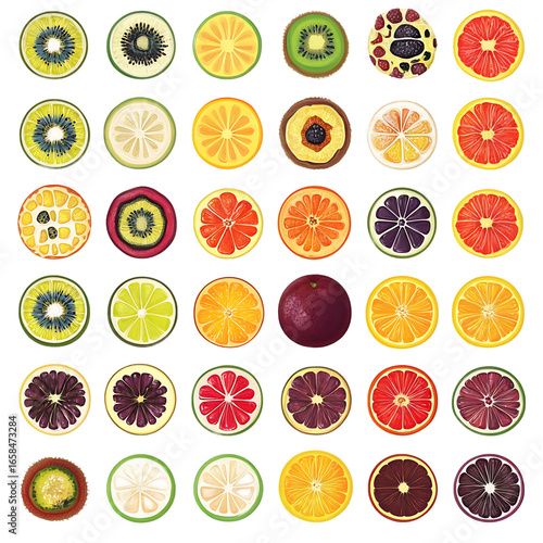 Colorful assortment of sliced fruits arranged in a grid, showcasing vibrant colors and textures