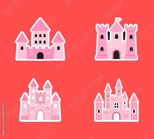 Set of four cute cartoon princess castle illustrations in pink, a whimsical graphic resource for fairy tales, fantasy, and kids' themes.
