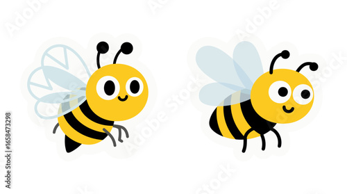 Two cute cartoon bees in flight, a simple and charming vector illustration for nature, insect, and spring themes.
