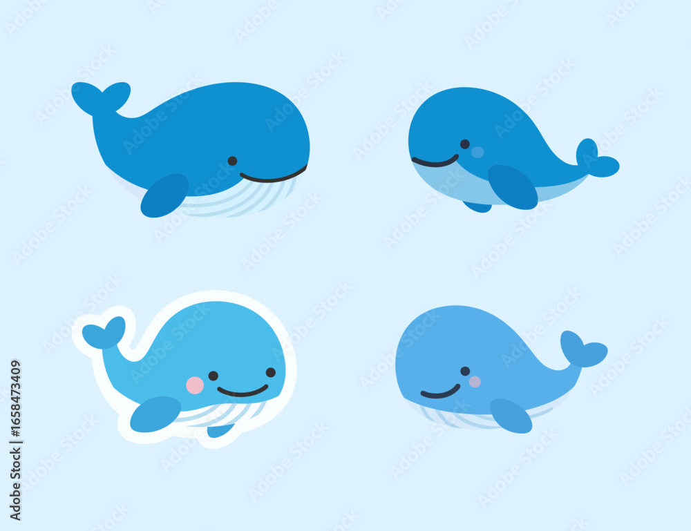 Obraz premium Set of four cute cartoon whales in different styles, a charming graphic resource for marine life, ocean, and animal themes.