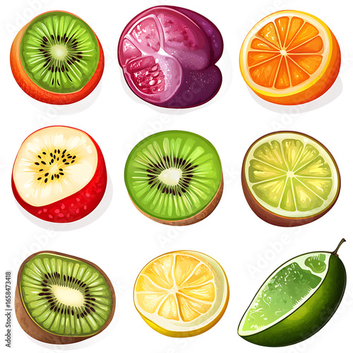 Colorful assortment of sliced fruits including kiwi, orange, and lime on a white background