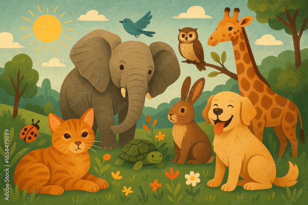 Naklejka premium Cheerful cartoon animals gathering in blooming meadow, playing under bright sunlight, representing diverse wildlife friendship and harmony