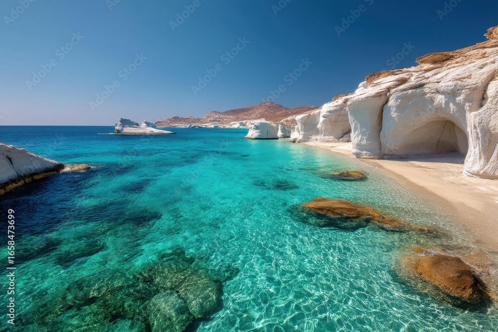 Fototapeta premium Crystal-clear turquoise water, white rock formations, and a sandy beach under a bright blue sky create a stunning coastal scene