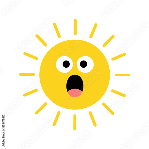 A cute cartoon sun with a shocked, open-mouthed expression and wide eyes, on a white background, symbolizing a surprising or shocking weather event or a moment of astonishment.