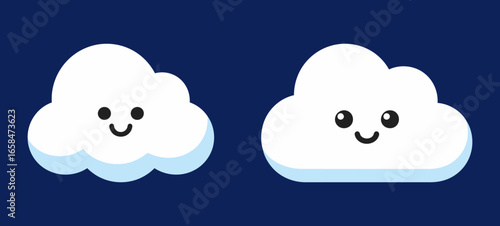 Two cute cartoon clouds with happy faces floating in a dark blue sky, representing a sense of tranquility, innocence, and peacefulness. Simple and cheerful vector illustration.