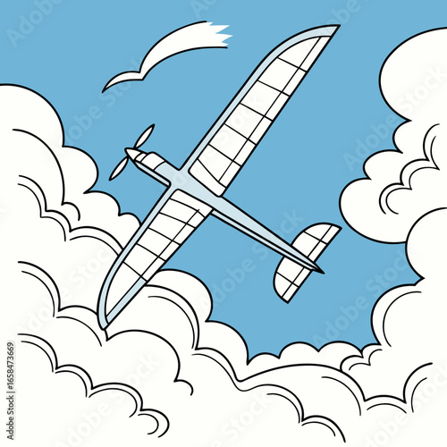 Illustration of a glider plane flying in the sky with clouds around it