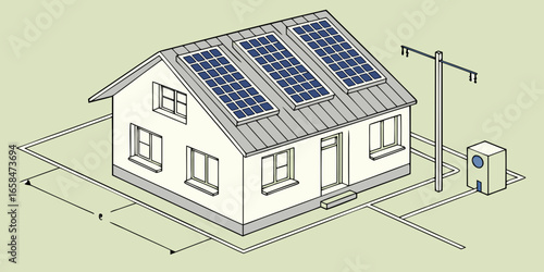 Illustration of a house with solar panels on the roof, generating energy