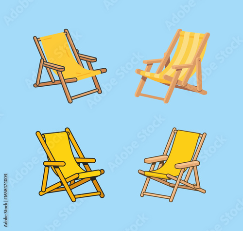 A set of four different yellow and striped beach or deck chairs on a bright blue background, representing a relaxing summer holiday or vacation.