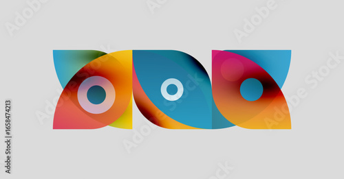 Abstract colorful shapes overlap, forming eyelike designs. Vibrant hues blend, creating dynamic visual composition. Simple background enhances forms.