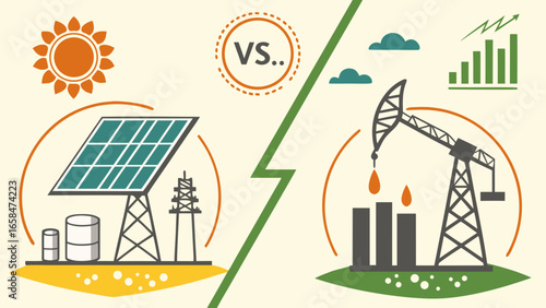 Vector art of comparison of solar panel power versus fossil fuel energy generation