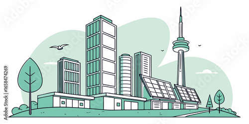 Vector art of cityscape with solar panels and buildings