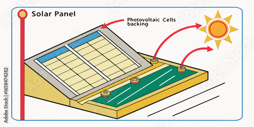 Vector art of diagram of a solar panel with photovoltaic cells converting sunlight to energy
