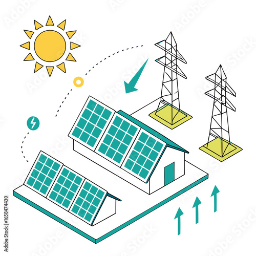 Vector art of isometric illustration of solar panel system on house