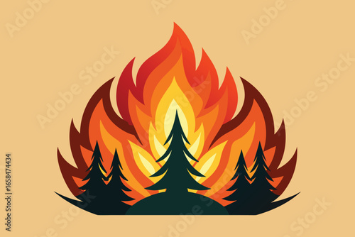 Stylized illustration depicting a forest fire with flames and silhouetted evergreen trees on beige background