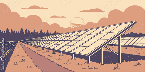 Vector art of solar panel farm generating renewable energy in a field at sunset