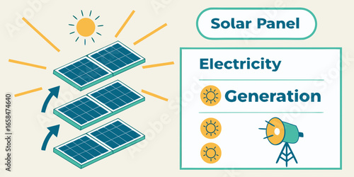 Vector art of solar panel electricity generation diagram with sun rays and arrows