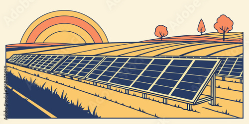 Vector art of solar panel farm generating renewable energy in a field at sunrise